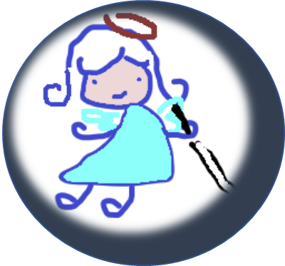 テンちぇるちゃんのイラスト。フリーハンドで描いた落書きっぽい天使ちゃん、髪はセミロングで片手に白杖を持っています。テンちぇるちゃんのページへワープ♪
